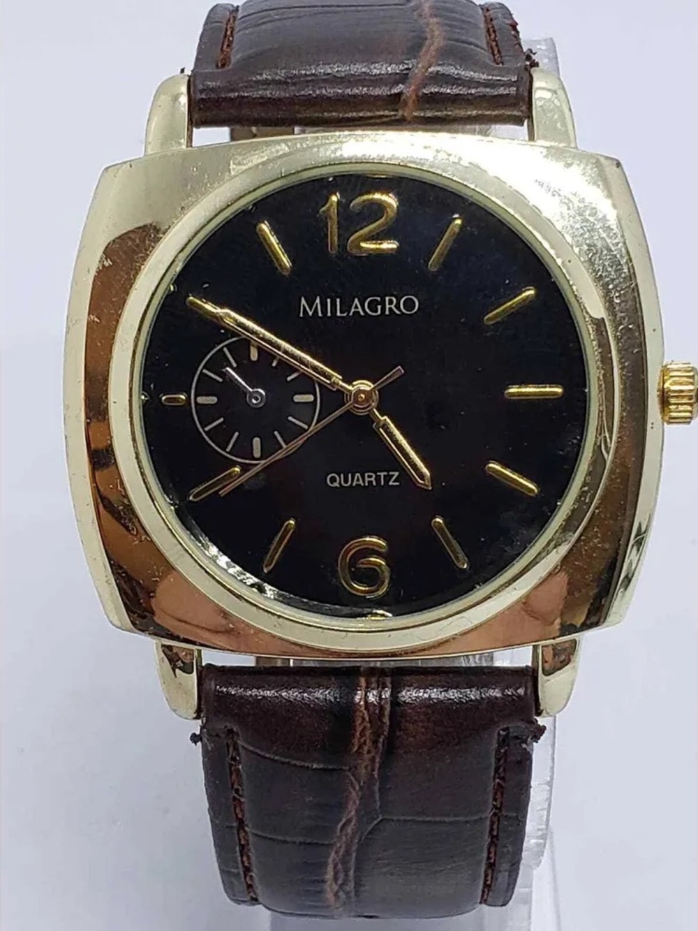 90’s Milagro Gold-Tone Black Dial Men's Watch with Brown Leather gator Strap